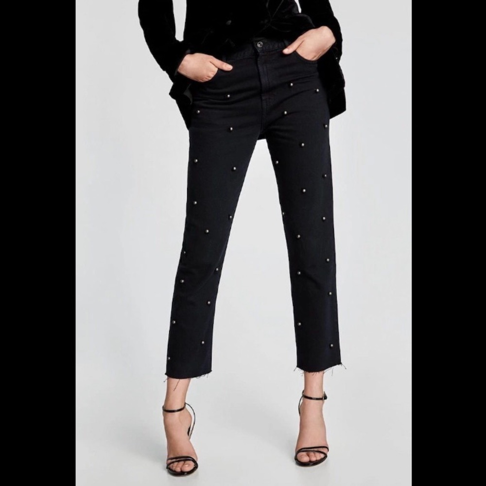 Zara Woman Premium Denim Collection High Rise Black Pearl Embellished Jeans 2